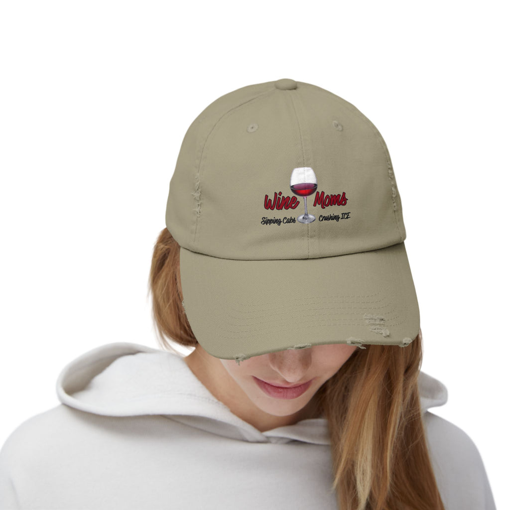 Wine Mom Distressed Cap — Embroidered Wine Glass Hat for Moms, Casual Mother's Day Gift