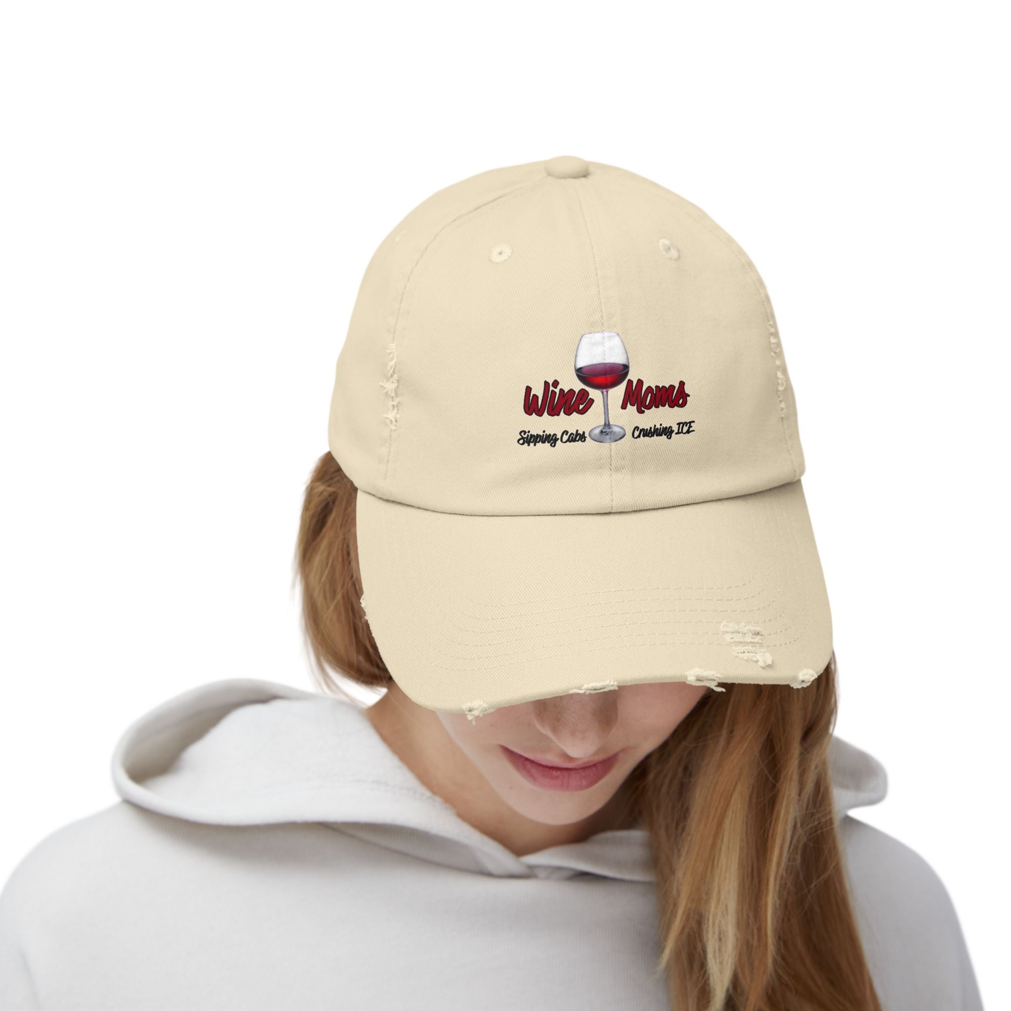 Wine Mom Distressed Cap — Embroidered Wine Glass Hat for Moms, Casual Mother's Day Gift